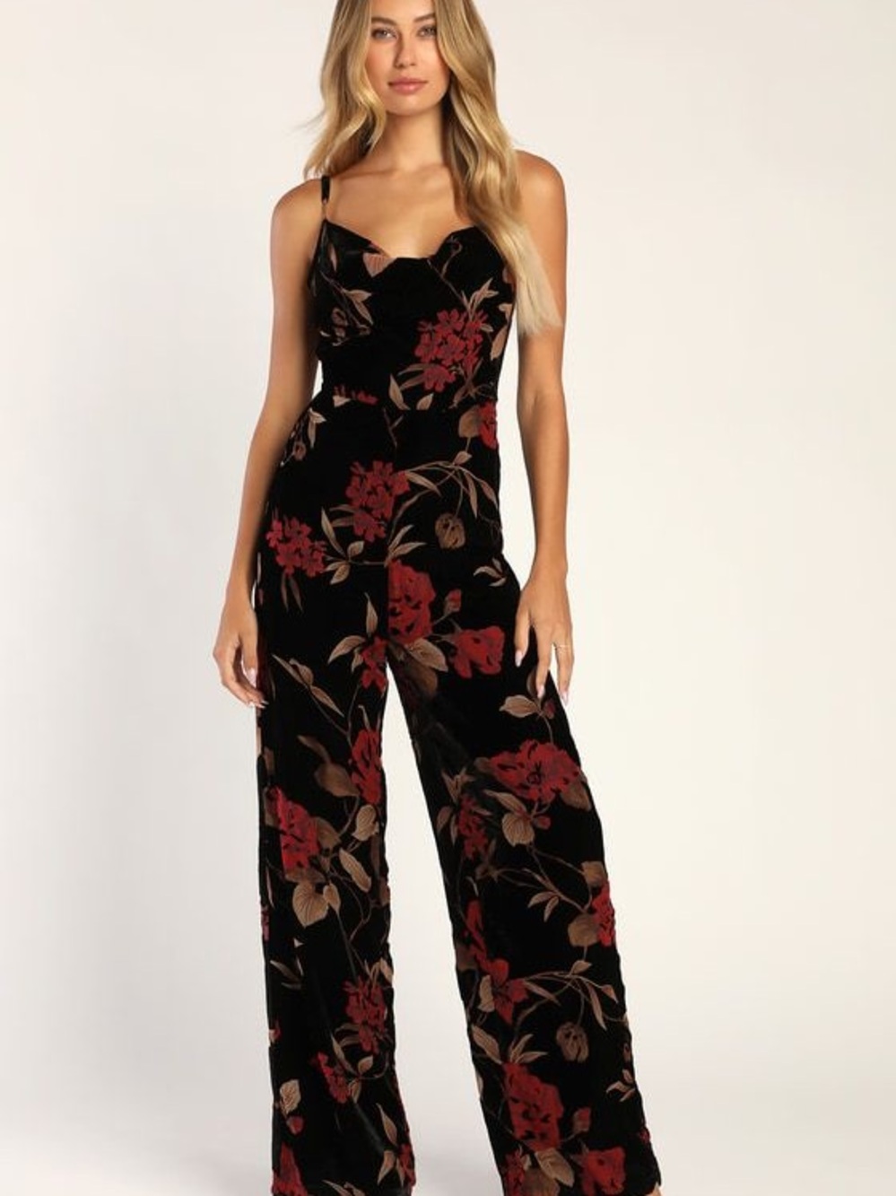 Lulu's Black Velvet Floral Wide-Leg Jumpsuit with Red & Brown Bloom